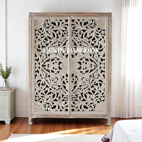Hand-carved Lombok 2 Door Armoire Grey | Hand-carved Lombok 2 Door Wardrobe Grey