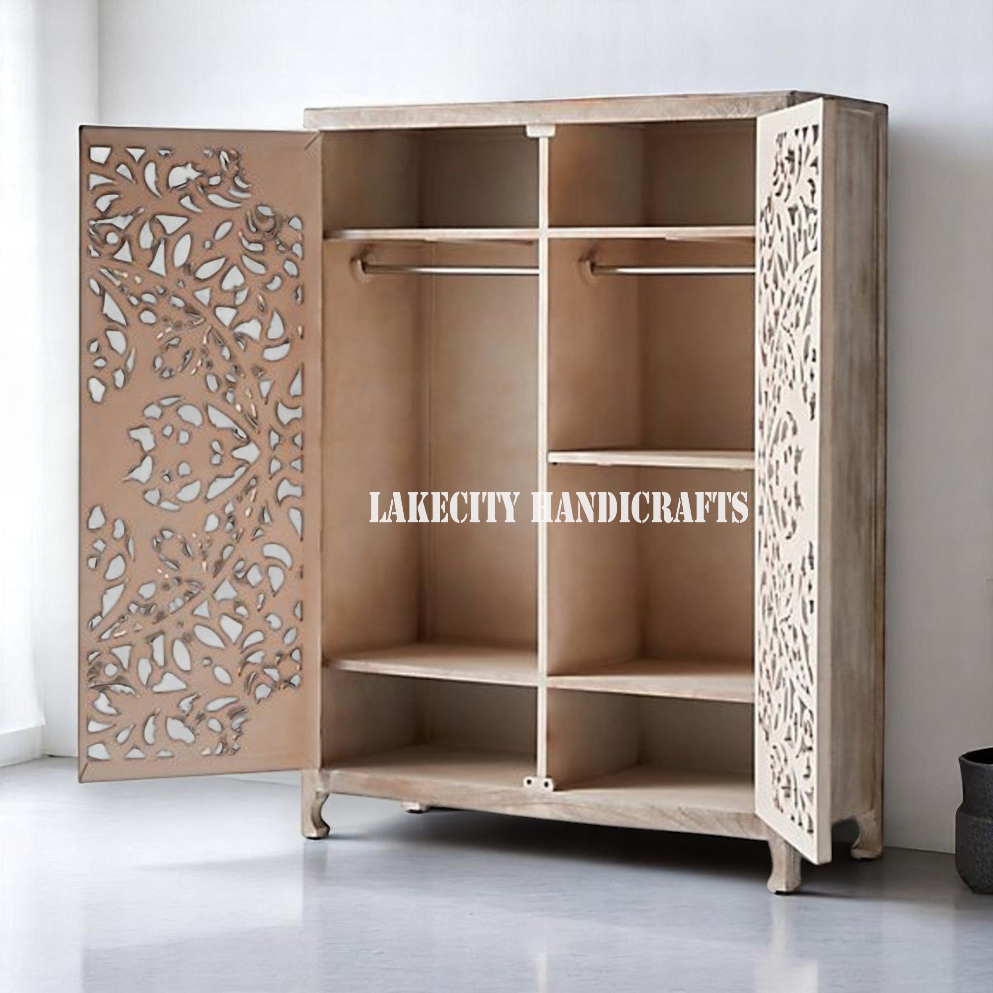 Hand-carved Lombok 2 Door Armoire Grey | Hand-carved Lombok 2 Door Wardrobe Grey