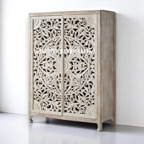 Hand-carved Lombok 2 Door Armoire Grey | Hand-carved Lombok 2 Door Wardrobe Grey