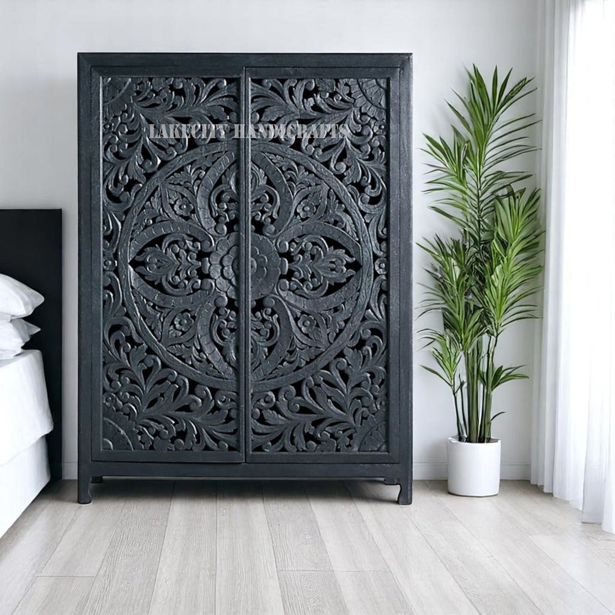 Hand-carved Lombok 2 Door Armoire Indigo Blue | Hand-carved Lombok 2 Door Wardrobe Indigo Blue