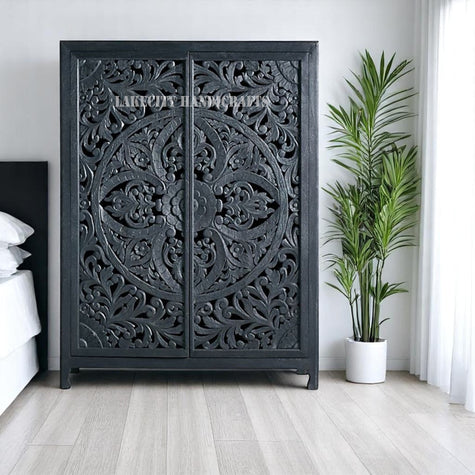 Hand-carved Lombok 2 Door Armoire Indigo Blue | Hand-carved Lombok 2 Door Wardrobe Indigo Blue