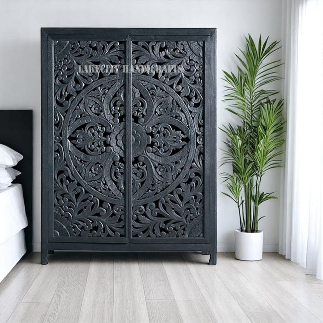 Hand-carved Lombok 2 Door Armoire Indigo Blue | Hand-carved Lombok 2 Door Wardrobe Indigo Blue