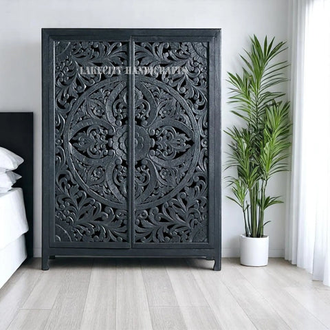 Hand-carved Lombok 2 Door Armoire Indigo Blue | Hand-carved Lombok 2 Door Wardrobe Indigo Blue