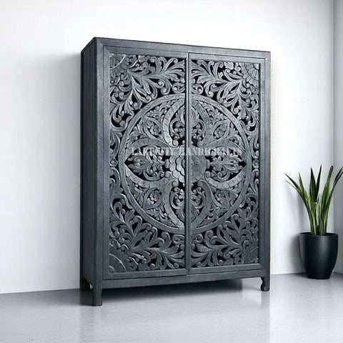 Hand-carved Lombok 2 Door Armoire Indigo Blue | Hand-carved Lombok 2 Door Wardrobe Indigo Blue