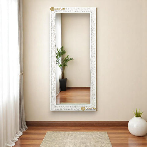 Hand-carved Lombok Large Floor Mirror Frame White