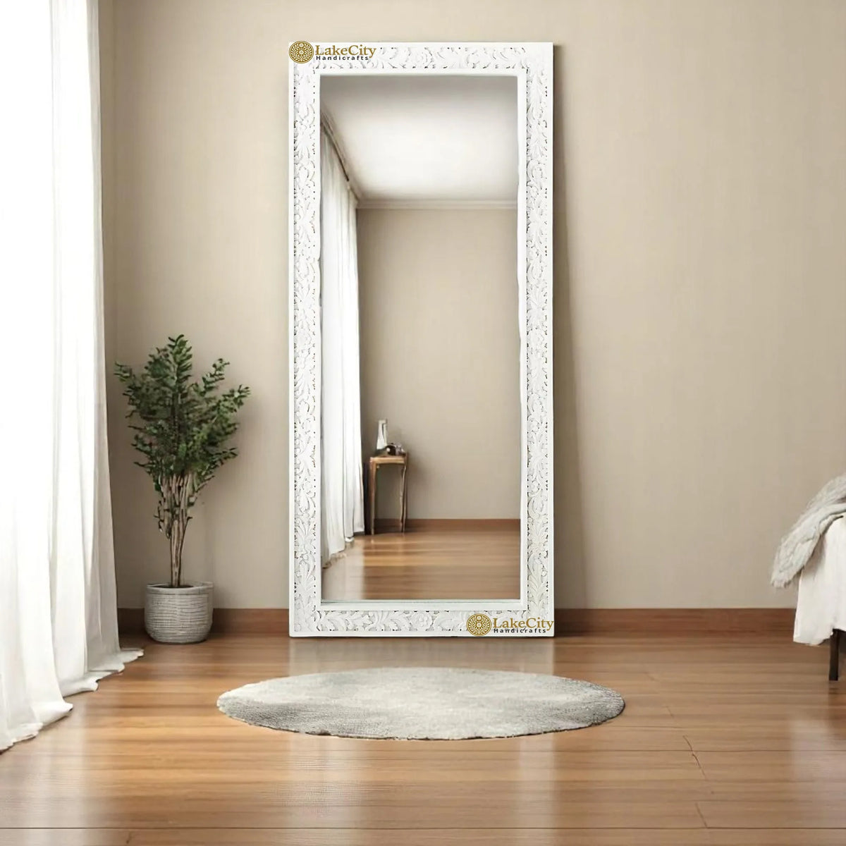 Hand-carved Lombok Large Floor Mirror Frame White