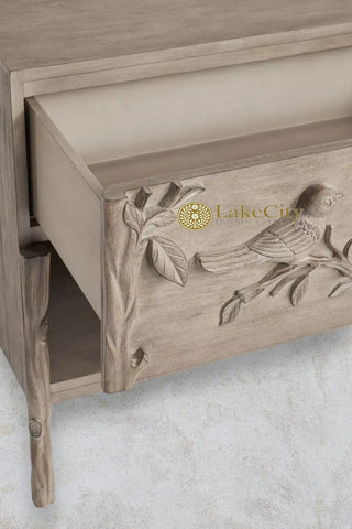 Hand-carved Ornithology One-Drawer Open Nightstand Natural Brown