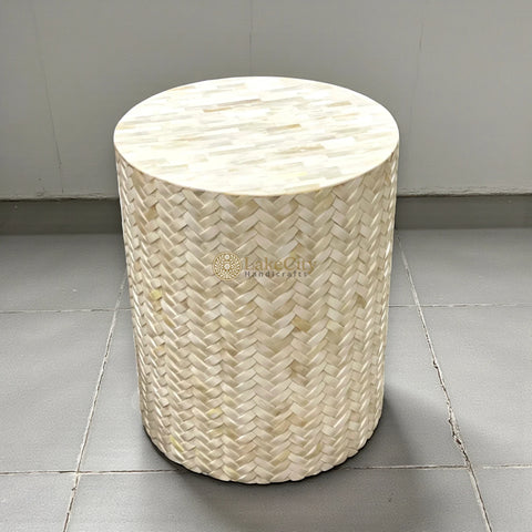 Herringbone Bone Inlay Round Side Table