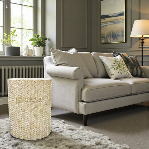 Herringbone Bone Inlay Round Side Table