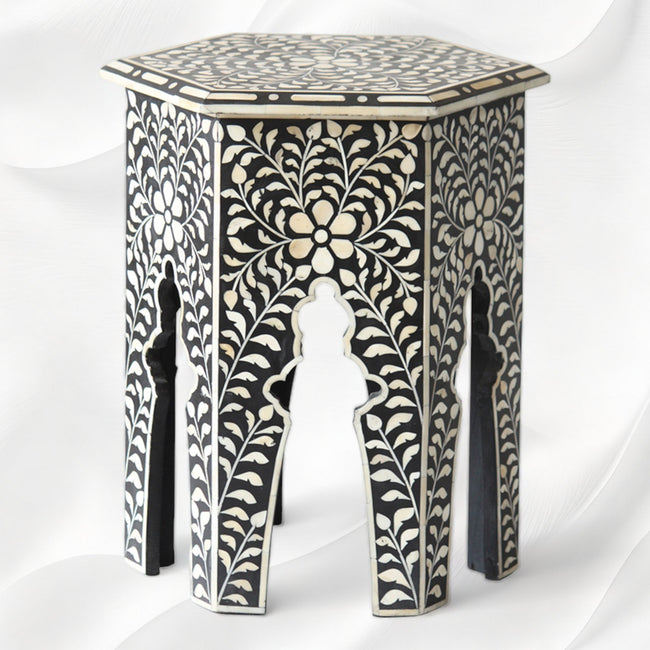 Bone Inlay Floral Design Hexagonal Table Black 1