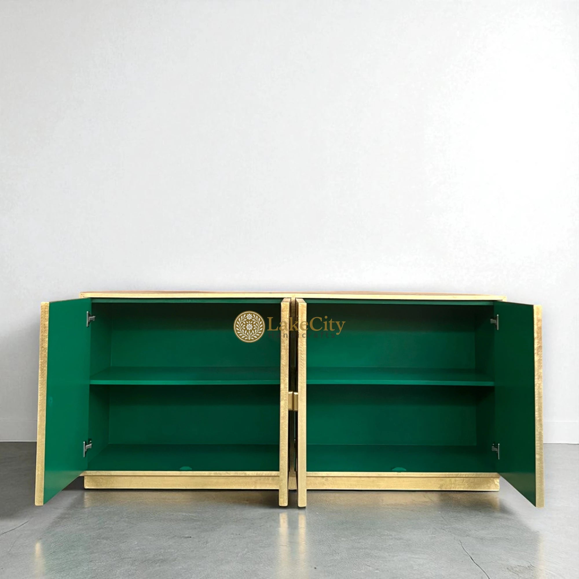 Hollywood Regency Brass Embossed 4 Door Cabinet
