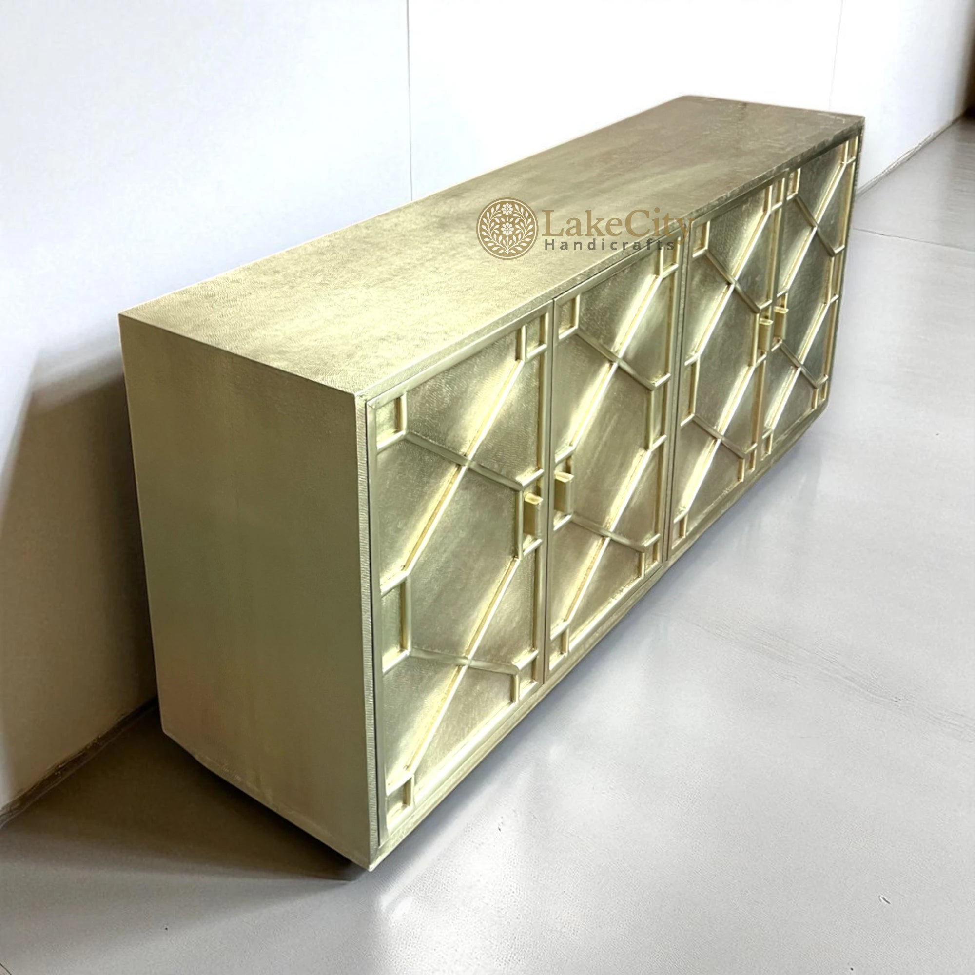 Hollywood Regency Brass Embossed 4 Door Cabinet