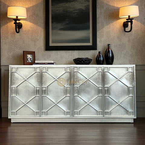 Hollywood Regency Nickel Embossed 4 Door Sideboard