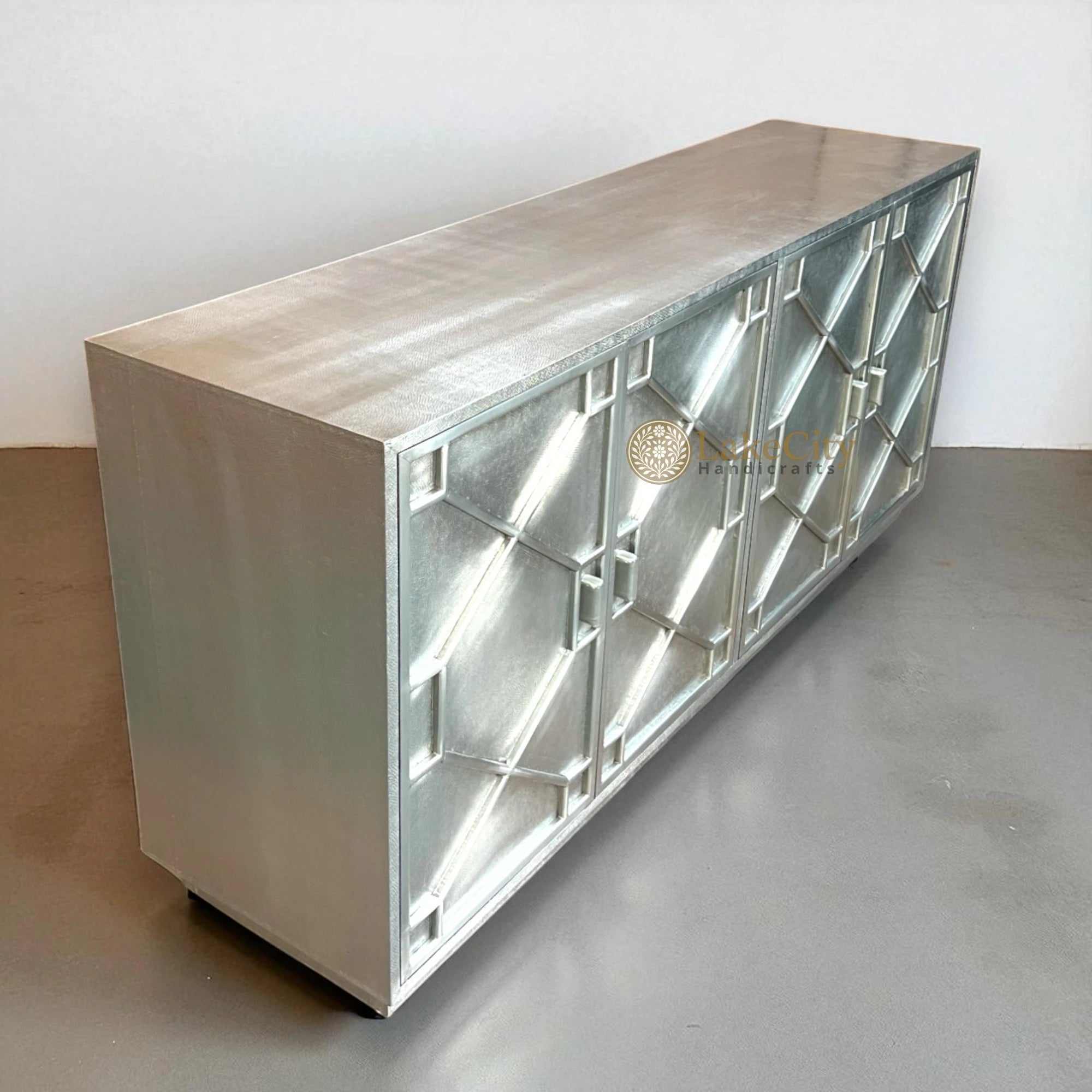 Hollywood Regency Nickel Embossed 4 Door Sideboard