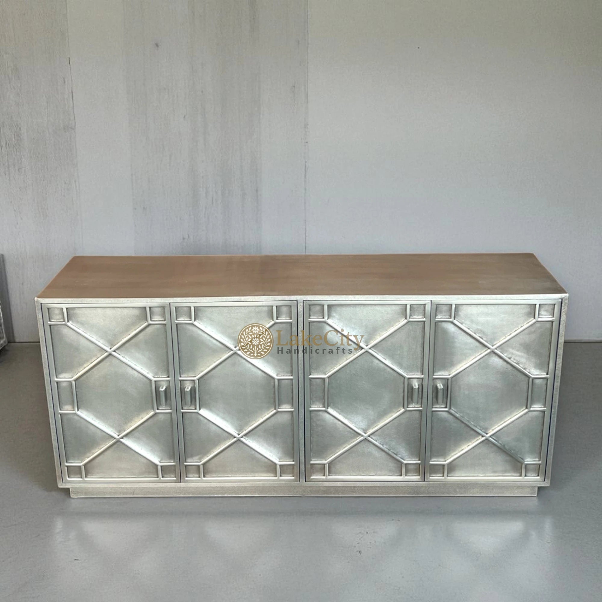 Hollywood Regency Nickel Embossed 4 Door Sideboard