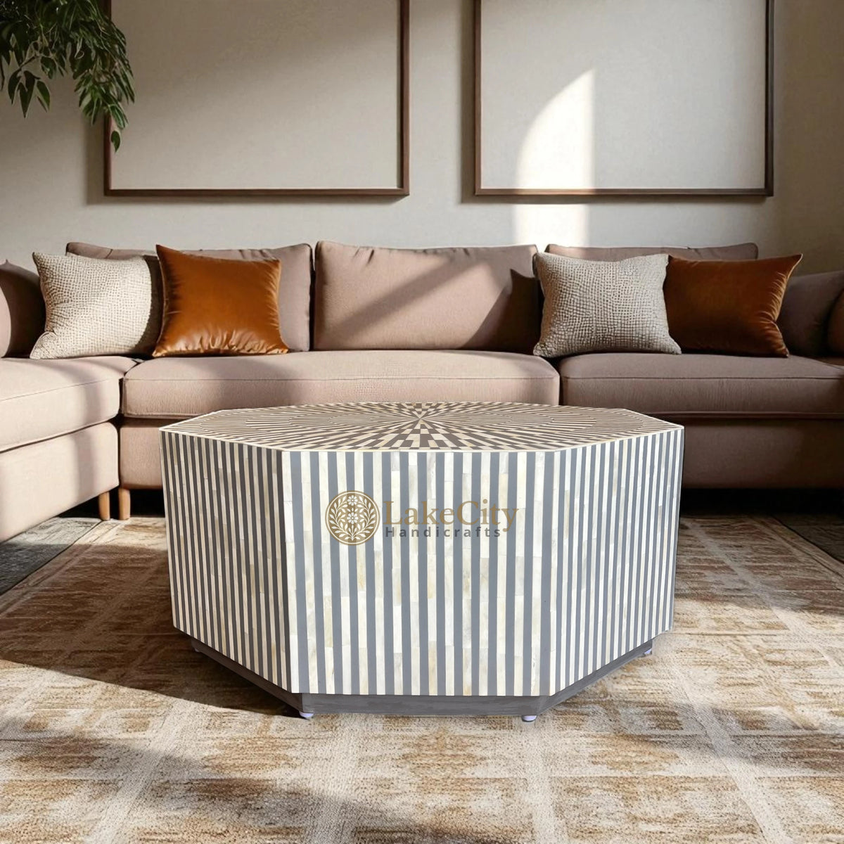 Illusion Octagonal Bone Inlay Coffee Table Grey
