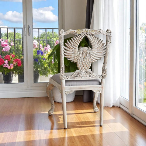 Handcarved Menagerie Owl Dining Chair White Set of 2 | Exotic Wooden Dining Table Chair