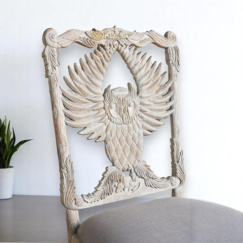 Handcarved Menagerie Owl Dining Chair White Set of 2 | Exotic Wooden Dining Table Chair