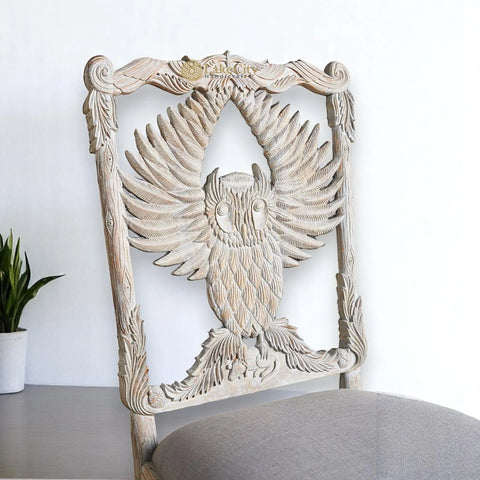 Handcarved Menagerie Owl Dining Chair White Set of 2 | Exotic Wooden Dining Table Chair