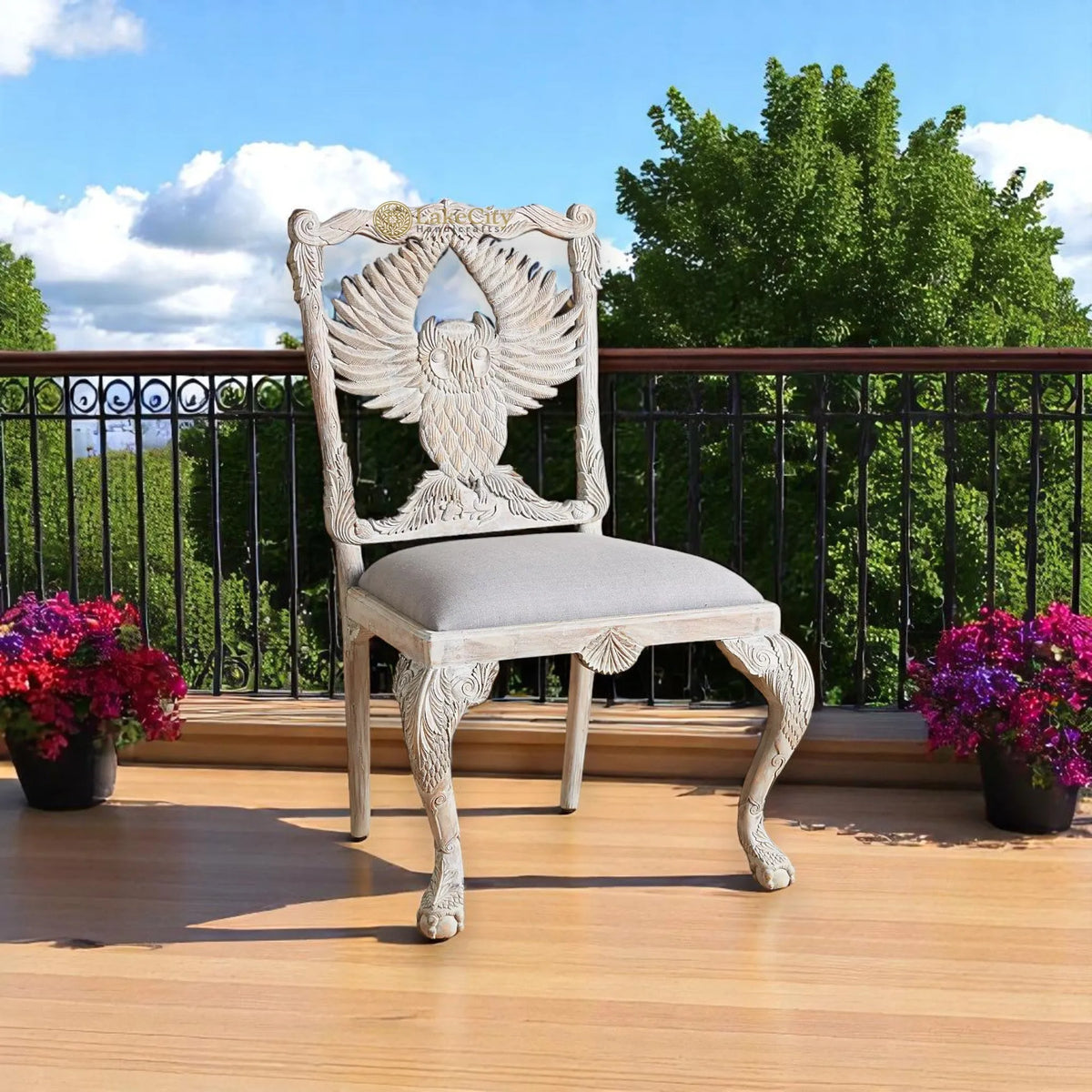 Handcarved Menagerie Owl Dining Chair White Set of 2 | Exotic Wooden Dining Table Chair