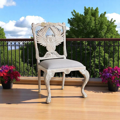 Handcarved Menagerie Owl Dining Chair White Set of 2 | Exotic Wooden Dining Table Chair