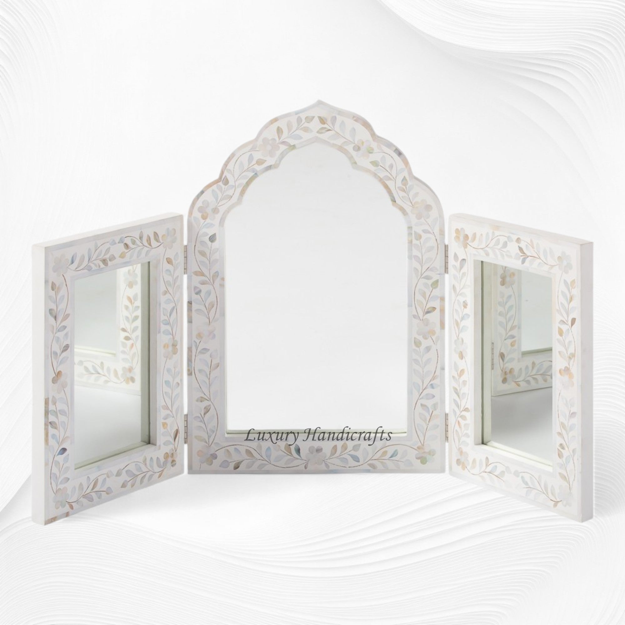 Isabelle MOP Inlay Floral Triple Mirror White 1