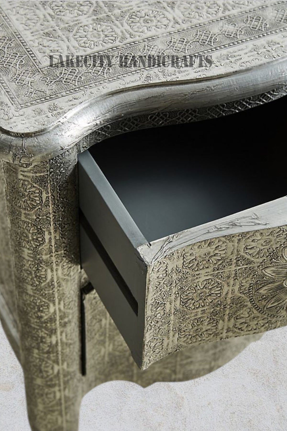 Jaden Antique White Metal Embossed 2 Drawer Bedside
