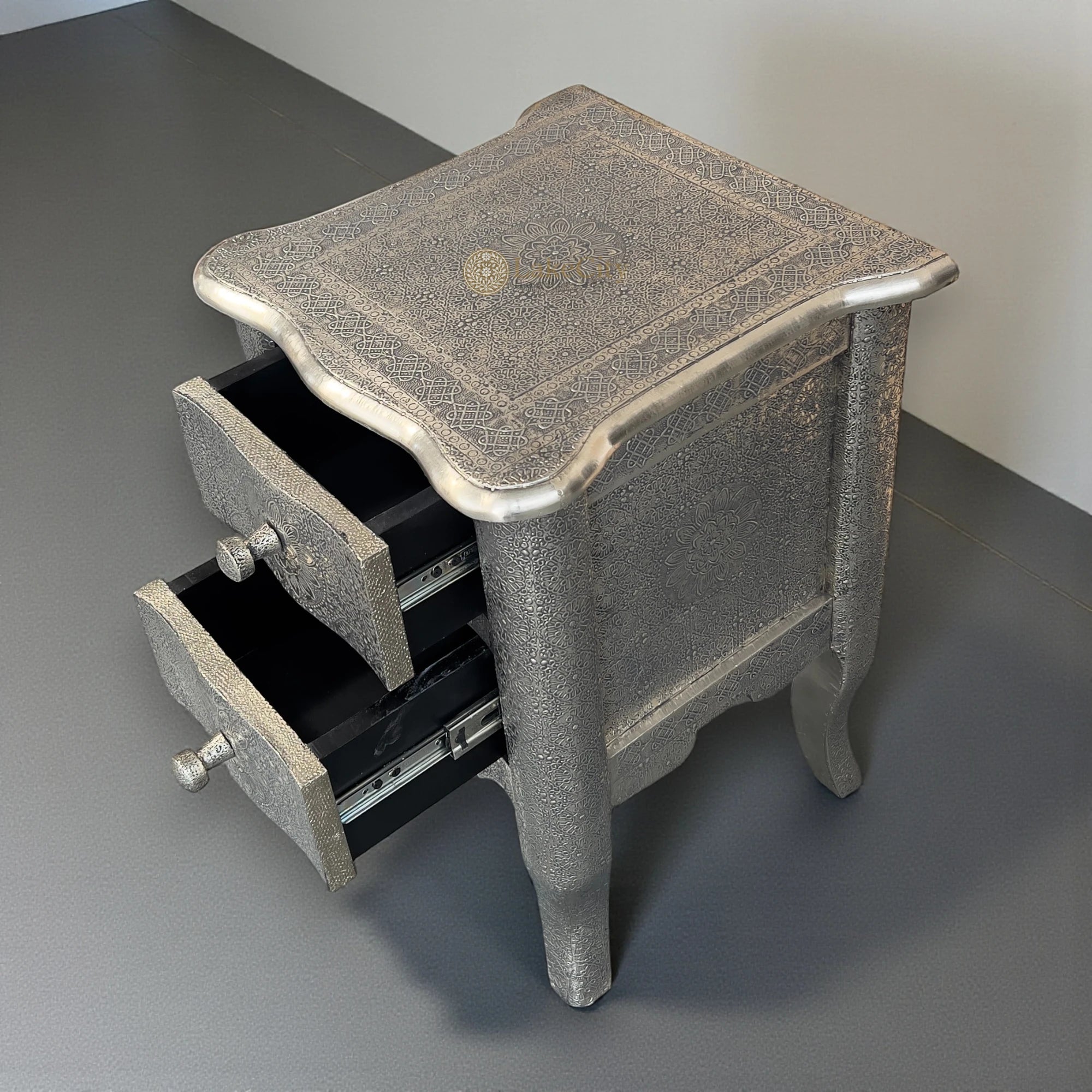 Jaden Antique White Metal Embossed 2 Drawer Bedside Lakecity Handicrafts Jaden Antique White Metal Embossed 2 Drawer Bedside Lakecity Handicrafts