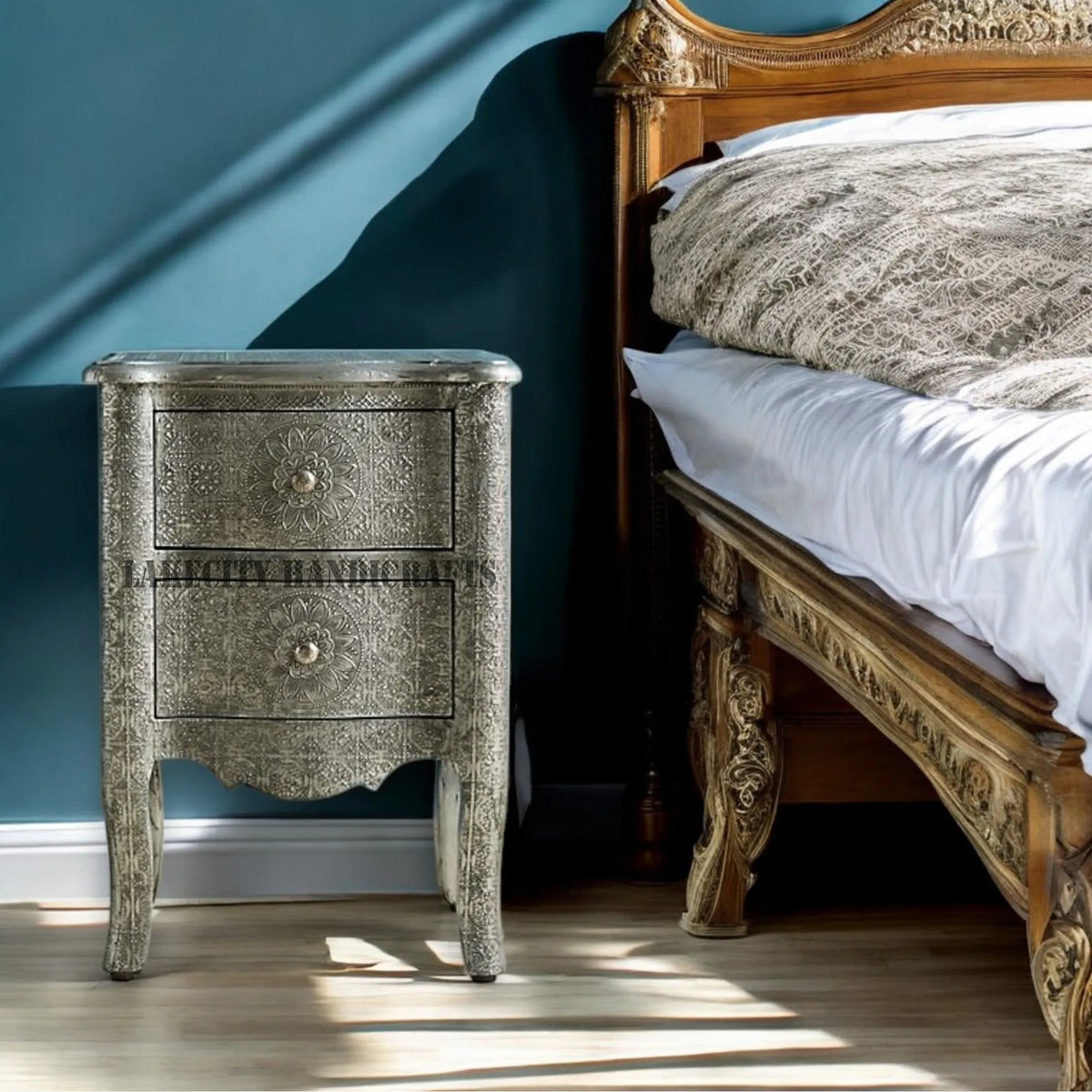 Jaden Antique White Metal Embossed 2 Drawer Bedside