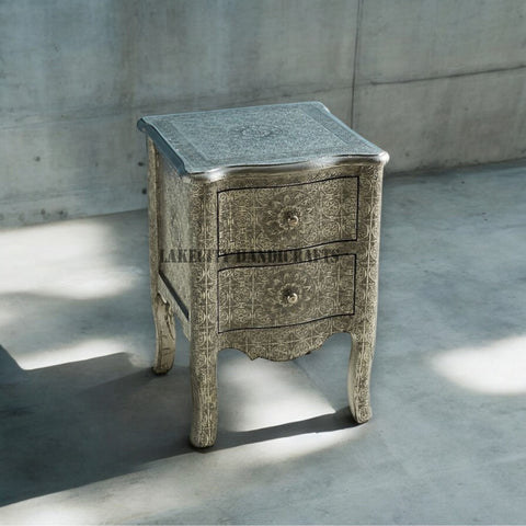 Jaden Antique White Metal Embossed 2 Drawer Bedside