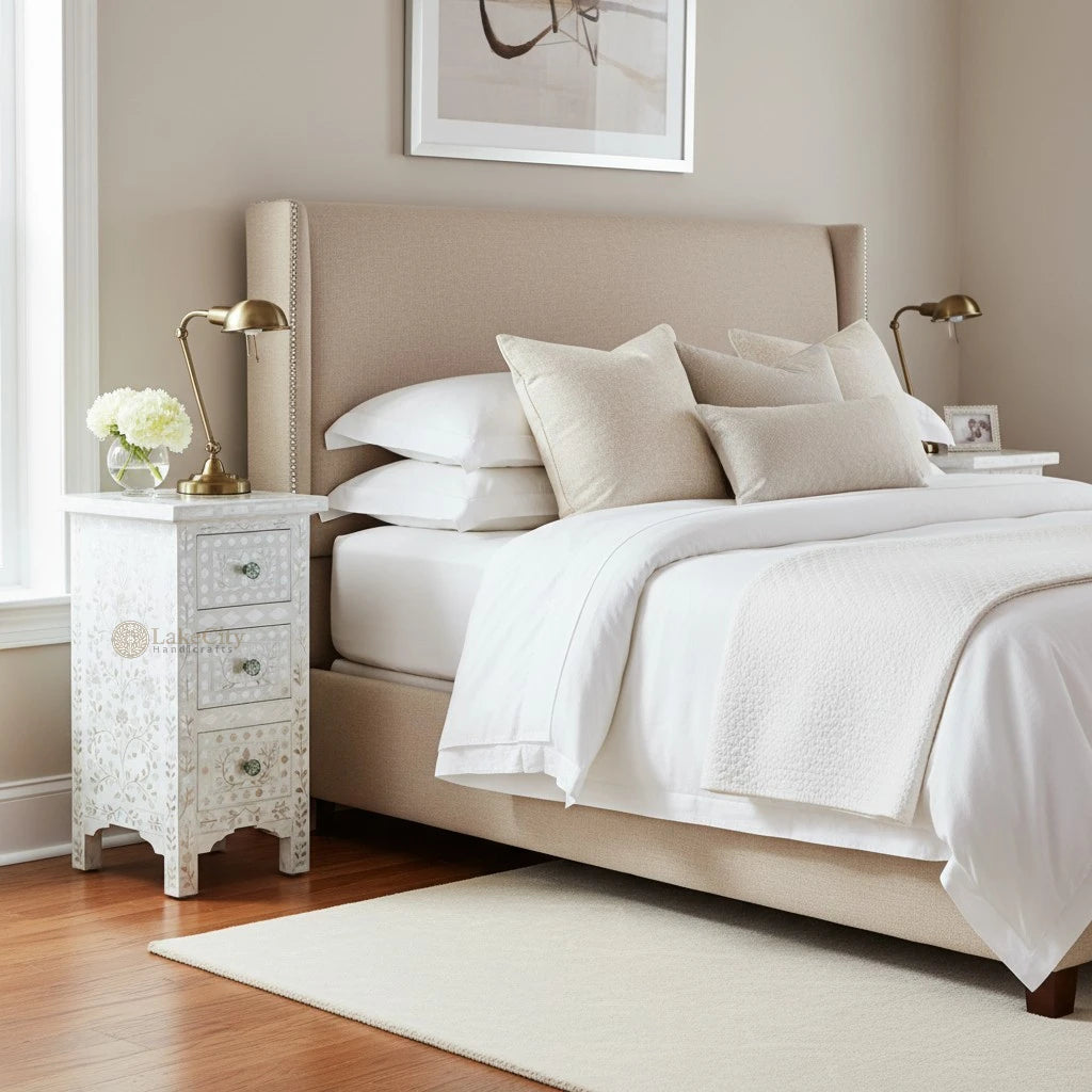 James Mother Of Pearl Inlay 3 Drawer Bedside White