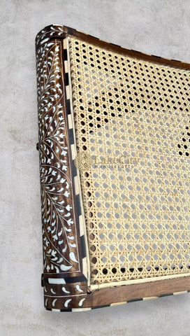 Kylian Teakwood Bone Inlay Bench Natural | Handmade Bone Inlay Roman Style Stool in Teakwood with Handwoven Rattan Cane Seating