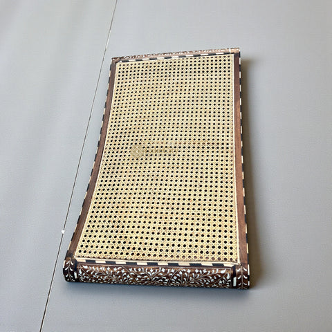 Kylian Teakwood Bone Inlay Bench Natural | Handmade Bone Inlay Roman Style Stool in Teakwood with Handwoven Rattan Cane Seating