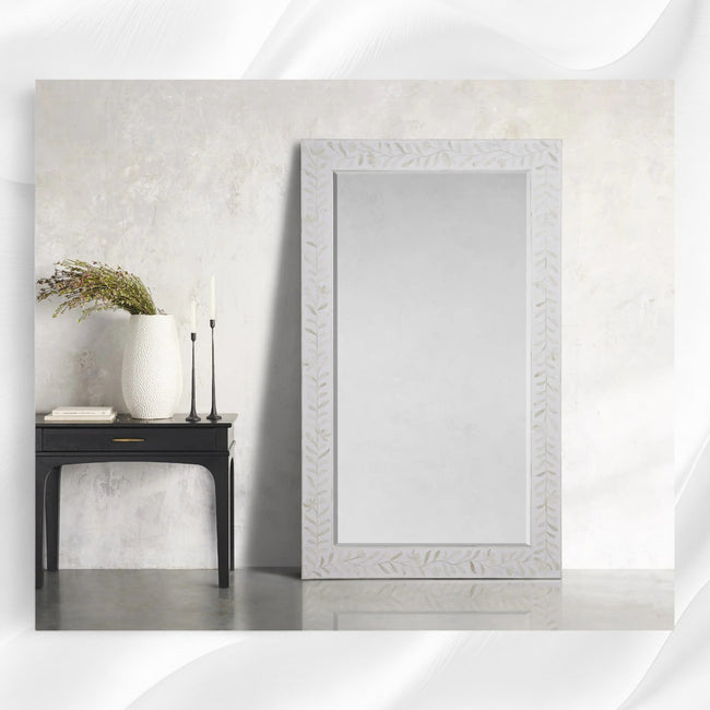 Kyra Bone Inlay Flower Floor Mirror White