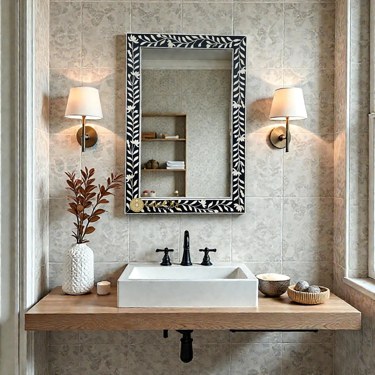 Kyra Bone Inlay Flower Wall Mirror Black