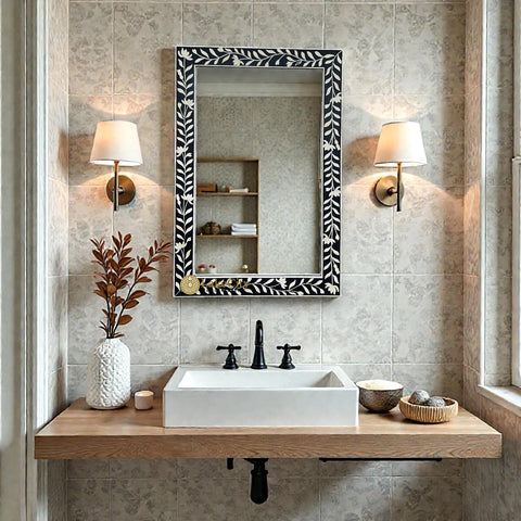 Kyra Bone Inlay Flower Wall Mirror Black