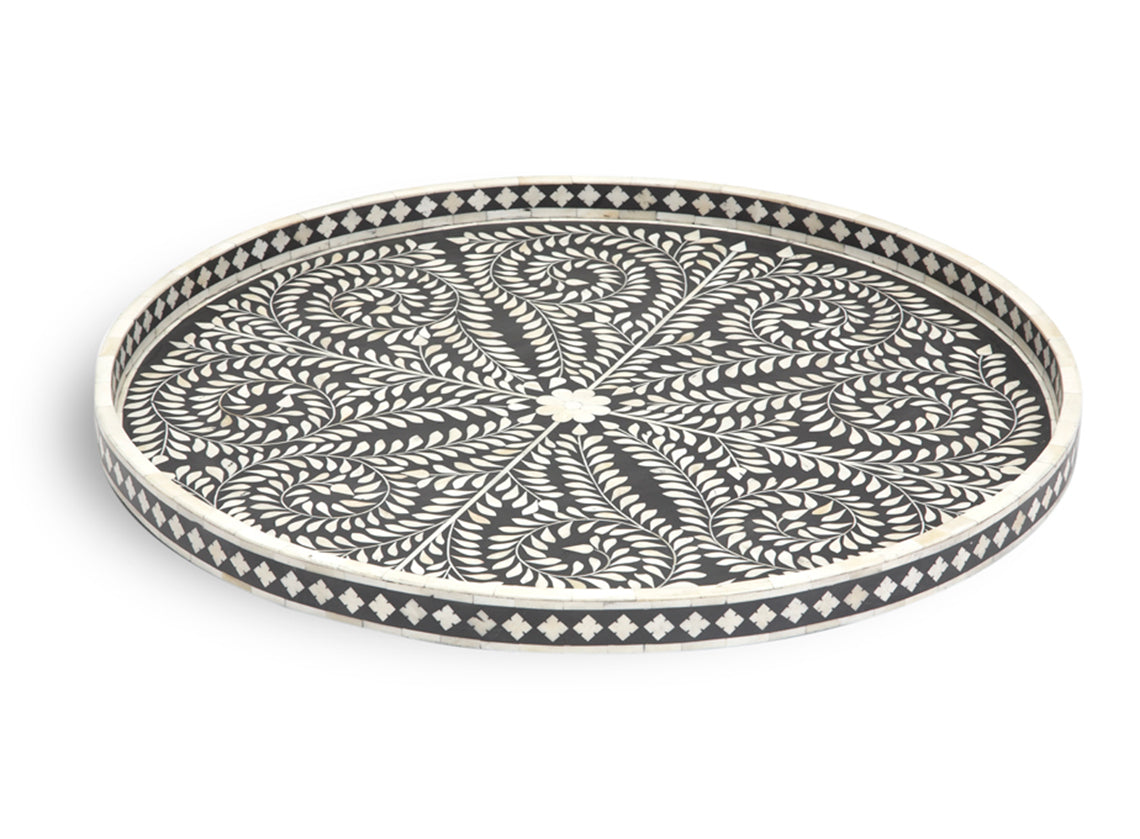 Large Round Bone Inlaid Tray Floral Design Black 1