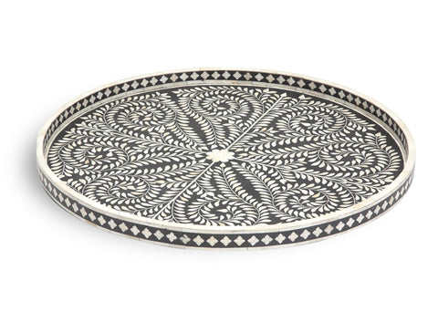 Large Round Bone Inlaid Tray Floral Design Black 1