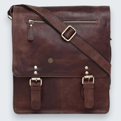 Leather Sling Messenger Bag For Men Brown Crackle