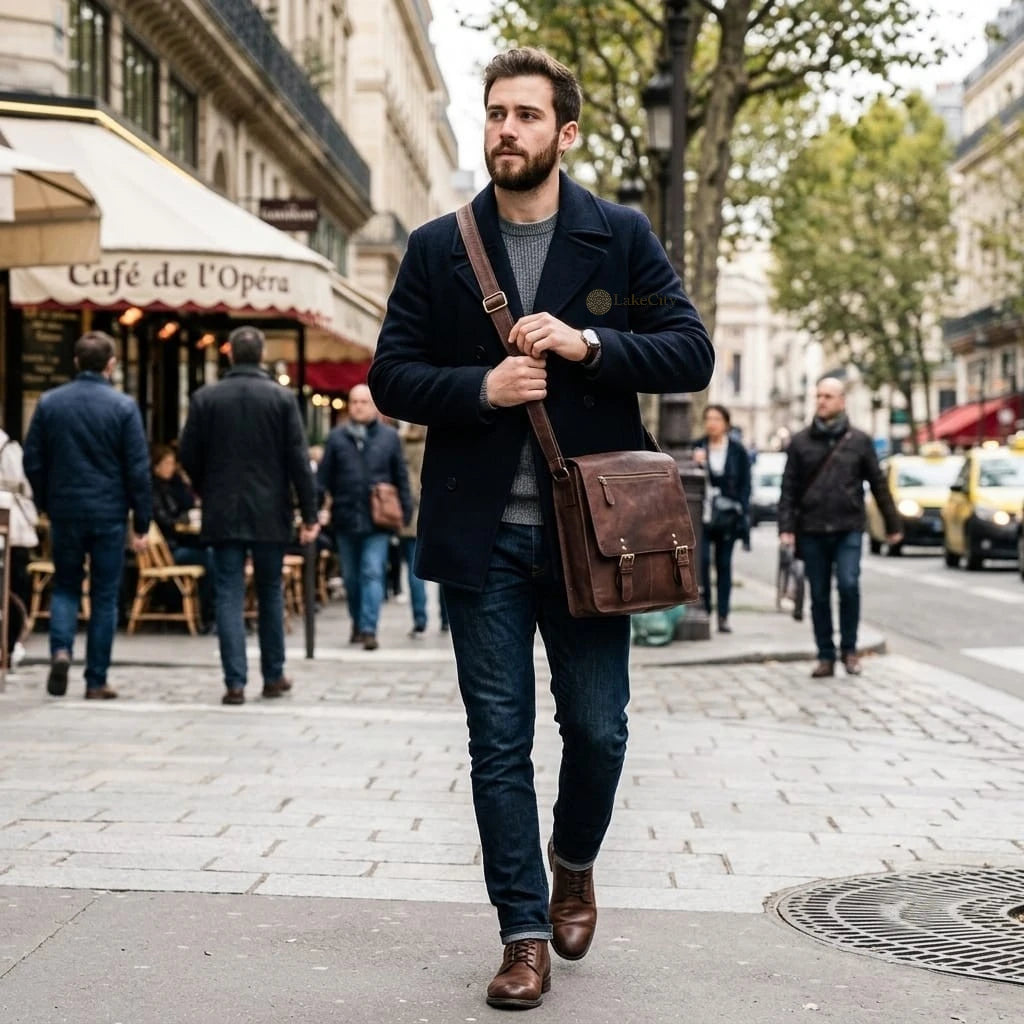 Leather Sling Messenger Bag For Men Brown Crackle