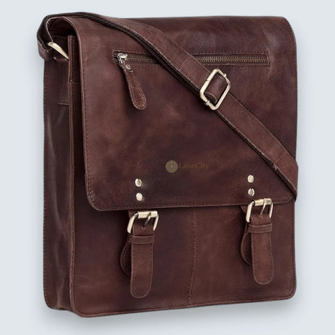 Leather Sling Messenger Bag For Men Brown Crackle