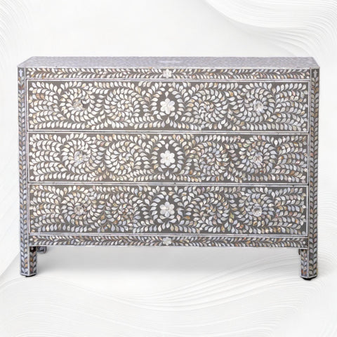 MOP Inlay Edge Floral 3 Drawer Dresser Dark Grey 5