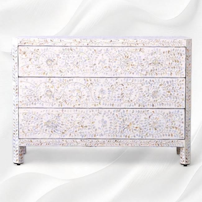 MOP Inlay Edge Floral 3 Drawer Dresser White 1