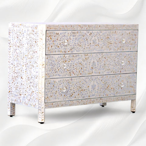 MOP Inlay Edge Floral 3 Drawer Dresser White 2