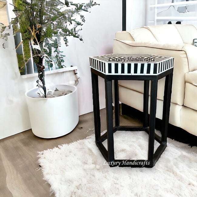 MOP Inlay Hexagonal Stripe Side Table Black 1