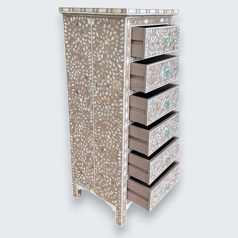 Mother Of Pearl Inlay Floral Design 6 Drawers Tallboy Chest Milk Chocolate