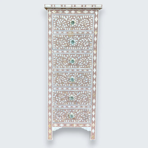 Mother Of Pearl Inlay Floral Design 6 Drawers Tallboy Chest Milk Chocolate
