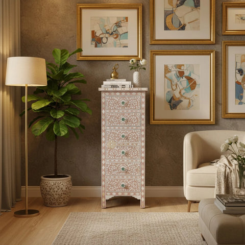 Mother Of Pearl Inlay Floral Design 6 Drawers Tallboy Chest Milk Chocolate