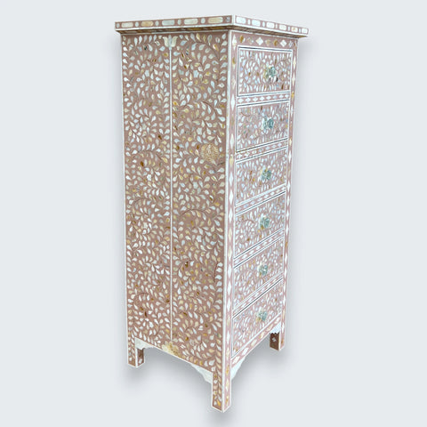 Mother Of Pearl Inlay Floral Design 6 Drawers Tallboy Chest Milk Chocolate