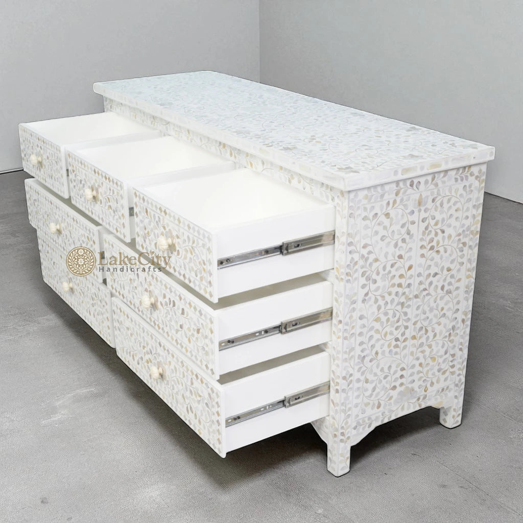 Mother Of Pearl Inlay Floral Design 7 Drawers Chest White | Mother Of Pearl Inlay Floral Design 7 Drawers Dresser Table White